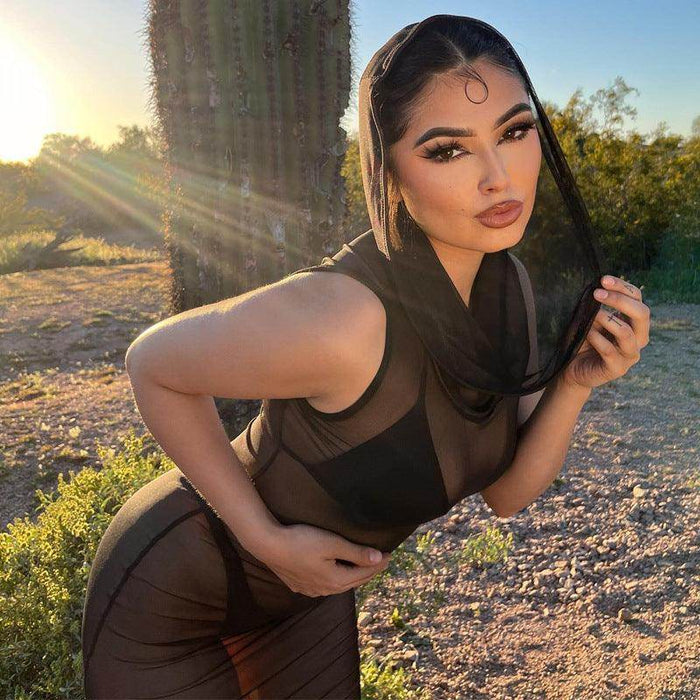 Hooded Mesh See-through Dress - Magellan Fashion Shop