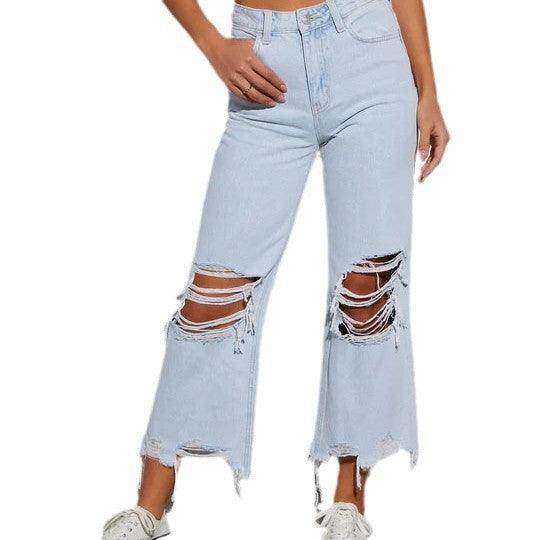 Women's Casual Loose Mid Waist Ripped Cropped Jeans - Magellan Fashion Shop