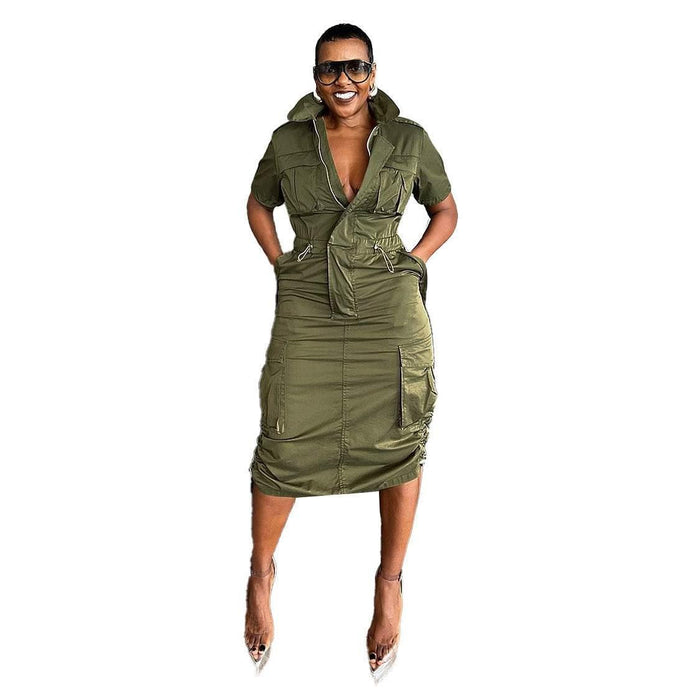 Multi-Pocket Workwear Drawstring Pocket Dress - Magellan Fashion Shop