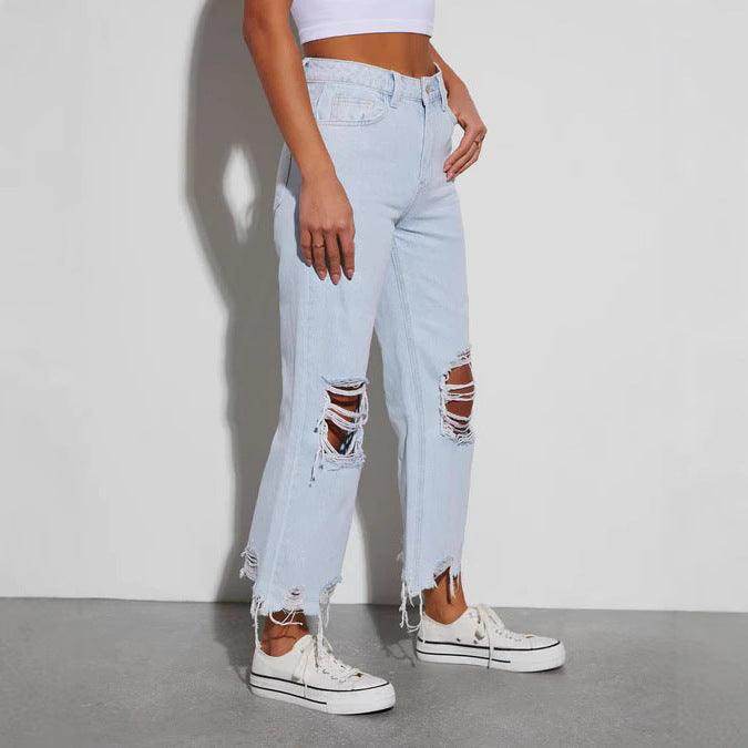 Women's Casual Loose Mid Waist Ripped Cropped Jeans - Magellan Fashion Shop