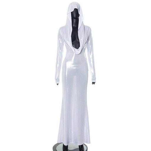 Cross Border Trendy Unique White Hooded Swing Collar High Waist Slim Fit Long Dress - Magellan Fashion Shop