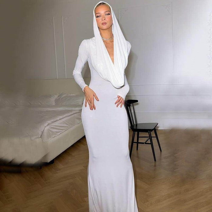 Cross Border Trendy Unique White Hooded Swing Collar High Waist Slim Fit Long Dress - Magellan Fashion Shop