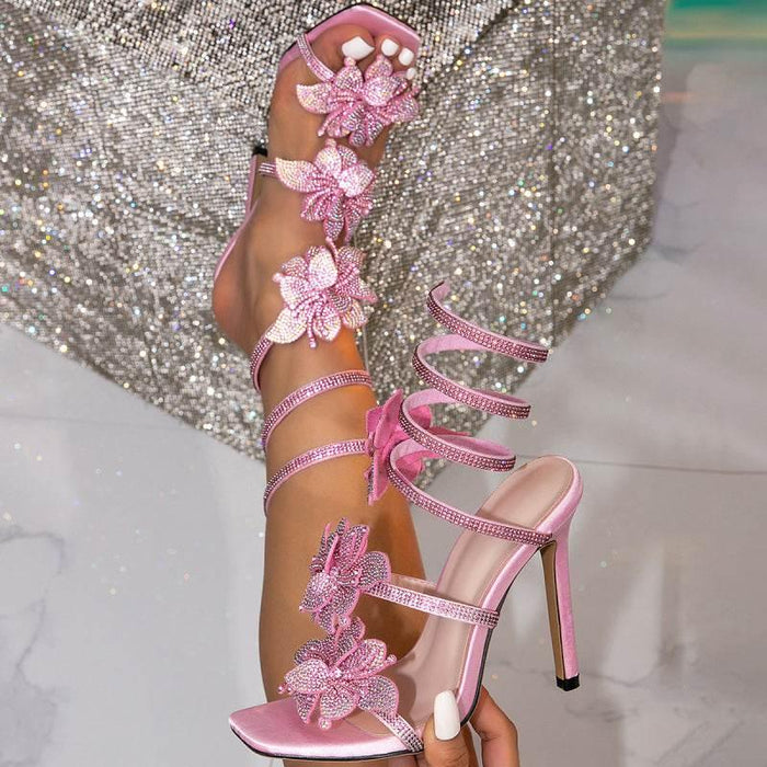 Snakelike Winding Open Toe Rhinestone Bow Stiletto Sandals - Magellan Fashion Shop