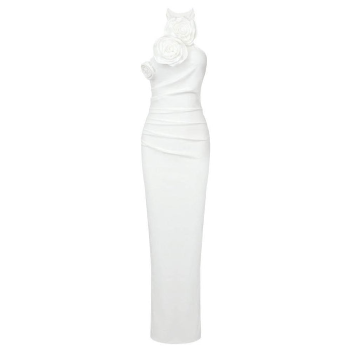New Style White Ribbon Flower Halter Long Dress - Magellan Fashion Shop