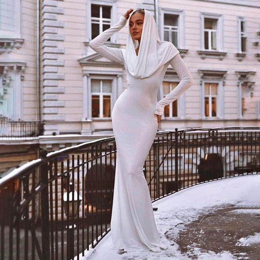 Cross Border Trendy Unique White Hooded Swing Collar High Waist Slim Fit Long Dress - Magellan Fashion Shop