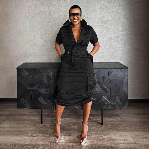 Multi-Pocket Workwear Drawstring Pocket Dress - Magellan Fashion Shop