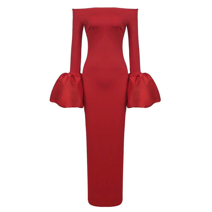 Dress Red And Black Slim-fit Long Sleeve French Lantern Sleeve Dress - Magellan Fashion Shop