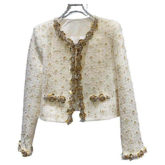 Golden Bright Piece Flower Beaded Edge Tweed Light Luxury Short Coat Top - Magellan Fashion Shop