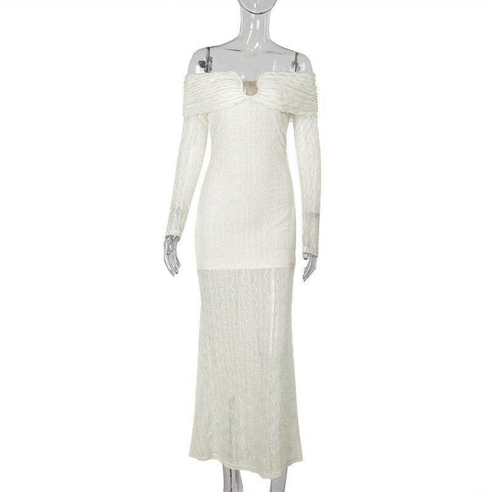 Special-shaped Metal Buckle Off-shoulder Long Sleeve Dress - Magellan Fashion Shop