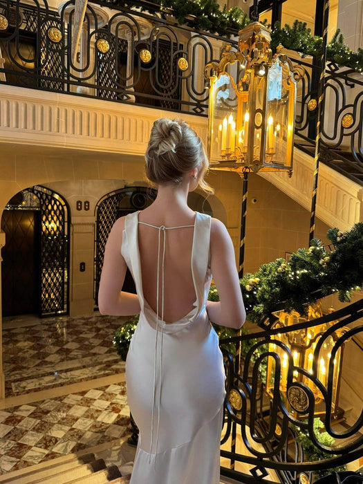 White Satin Draped Collar Backless Dress - Magellan Fashion Shop
