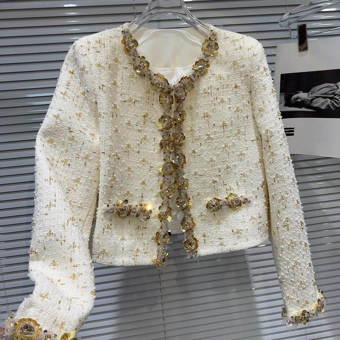 Golden Bright Piece Flower Beaded Edge Tweed Light Luxury Short Coat Top - Magellan Fashion Shop