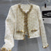 Golden Bright Piece Flower Beaded Edge Tweed Light Luxury Short Coat Top - Magellan Fashion Shop