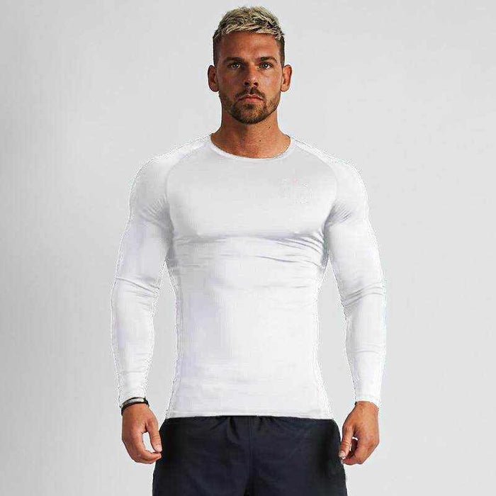 Men's quick drying fitness stretch long sleeved pullover shirt in white and black colors