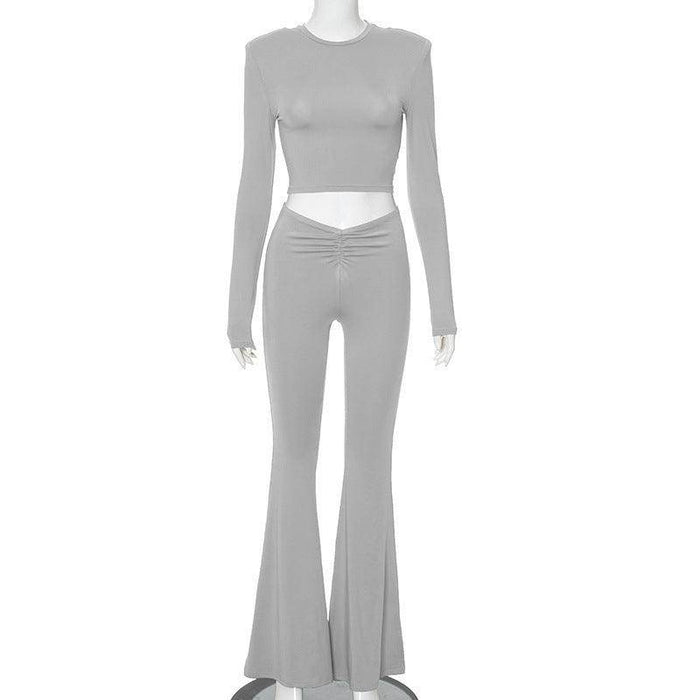 Padded Shoulder Long Sleeve Top High Waist Trousers Suit - Magellan Fashion Shop