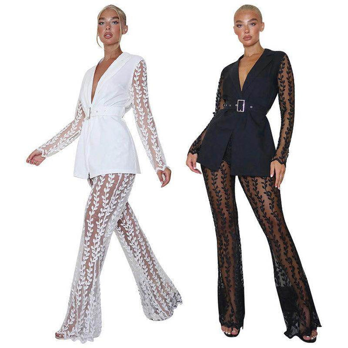 sleeved Top Bell-bottom Pants Suit Women Including Belt - Magellan Fashion Shop