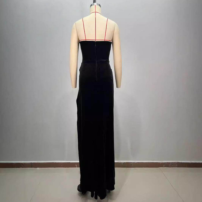 Women's Black Bandeau Slim-fit Hot Drilling Long Dress - Magellan Fashion Shop