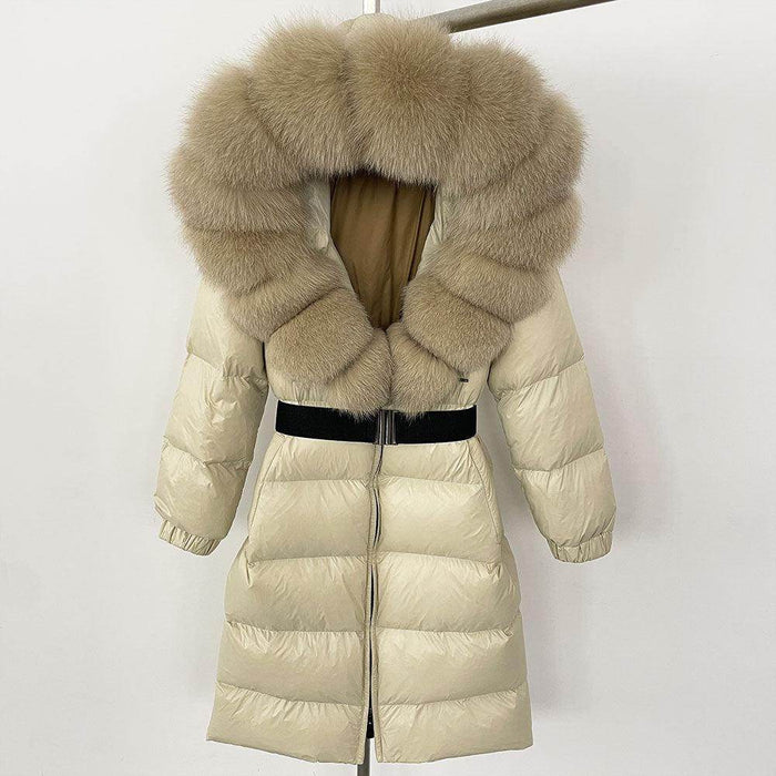 Women's Long Cinched Hoodie Real Fox Collar Fur Down Jacket Coat - Magellan Fashion Shop