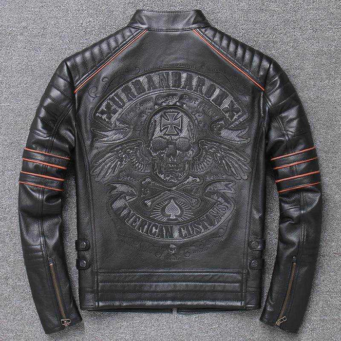 Men's slim fit Harley genuine leather motorcycle riding jacket in black solid color