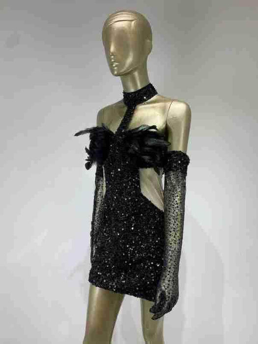 Dress Halter Feather Sequins Short Hip Skirt With Gloves Dress - Magellan Fashion Shop