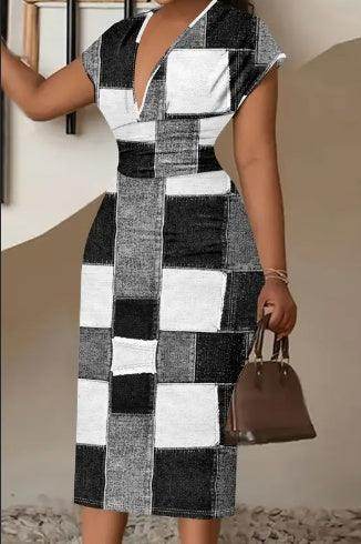 Short Sleeve Elegant Patchwork Print V Neck Dress For Spring & Summer - Magellan Fashion Shop