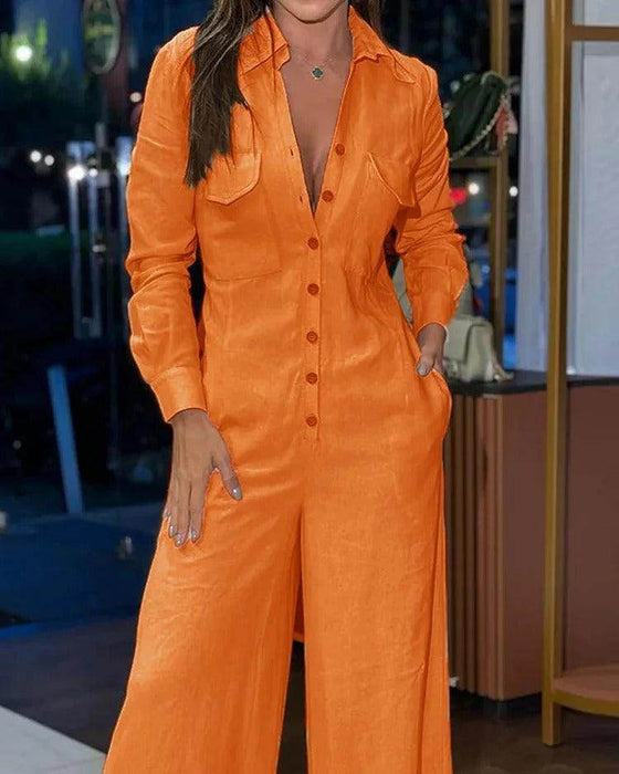 Women's Fashion Polo Collar Casual Solid Color Jumpsuit - Magellan Fashion Shop