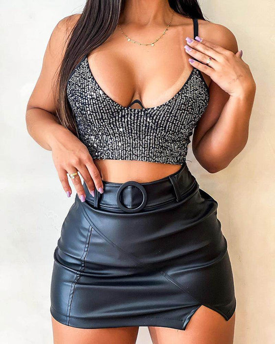 Sequin Sling Suit Pu Binding Band Skirt - Magellan Fashion Shop