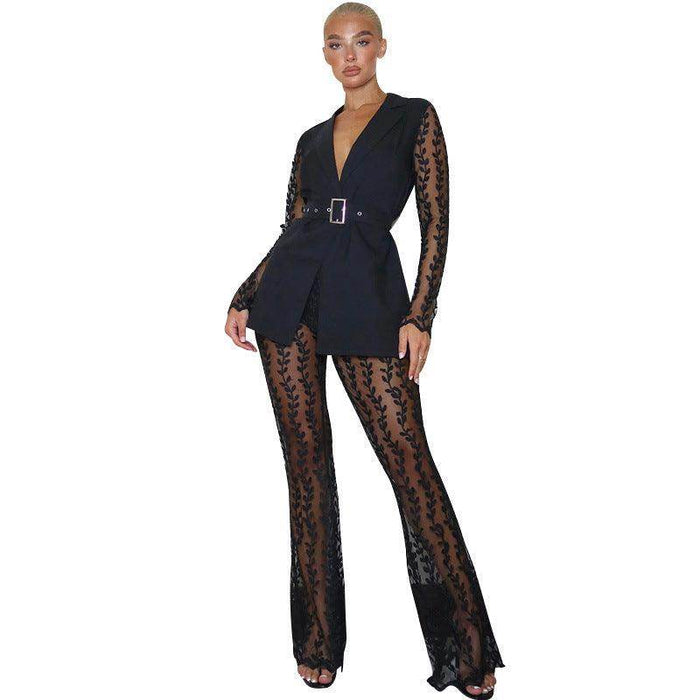 sleeved Top Bell-bottom Pants Suit Women Including Belt - Magellan Fashion Shop