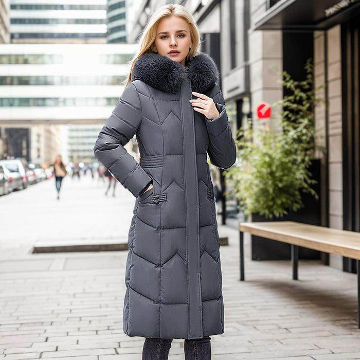 Winter Long Coat With Thickened Fur Collar Straight Slim Cotton-padded Jacket Women - Magellan Fashion Shop