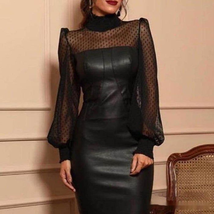 Black Mesh Stitching Tight Leather Skirt - Magellan Fashion Shop