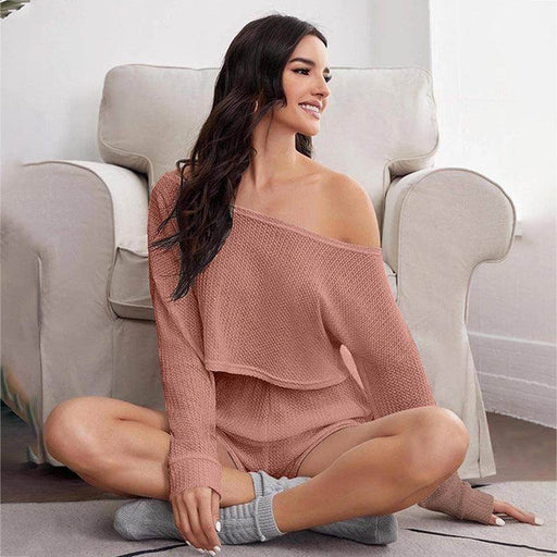 Pajamas Off-shoulder Top Shorts Breathable Waffle Casual Homewear Suit - Magellan Fashion Shop