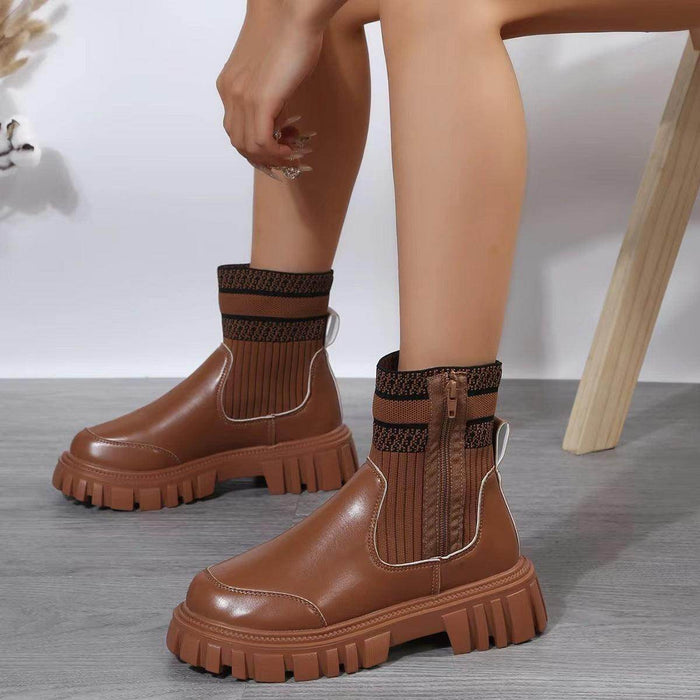 Fashion Mid-tube Boots With Zipper Design Non-slip Thick Sole Elastic Knitted Patchwork Boots - Magellan Fashion Shop
