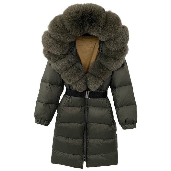 Women's Long Cinched Hoodie Real Fox Collar Fur Down Jacket Coat - Magellan Fashion Shop