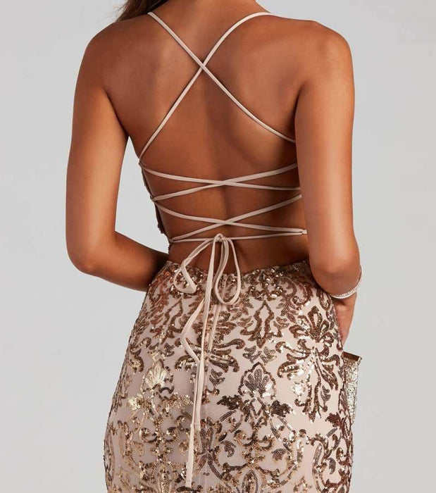 Off-neck Sequined Floor-length Evening Elegant Slit Banquet Party Dress - Magellan Fashion Shop