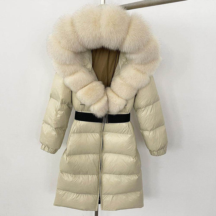 Women's Long Cinched Hoodie Real Fox Collar Fur Down Jacket Coat - Magellan Fashion Shop