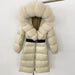 Women's Long Cinched Hoodie Real Fox Collar Fur Down Jacket Coat - Magellan Fashion Shop