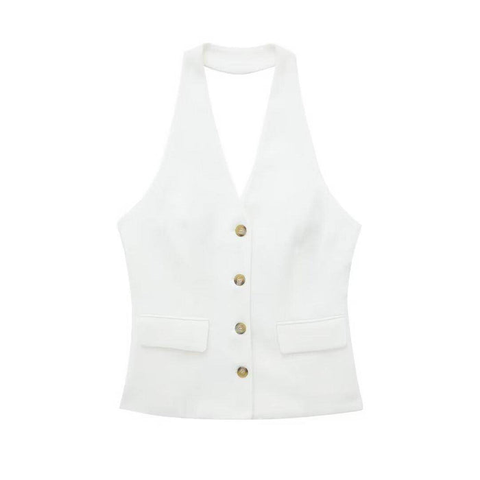 Pleated Wide Leg Pants Backless Hanging Collar Vest - Magellan Fashion Shop