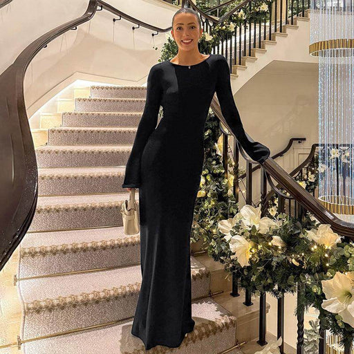 Solid Color Long Fashionable Elegant Backless Slim Fit Long Sleeve Dress - Magellan Fashion Shop