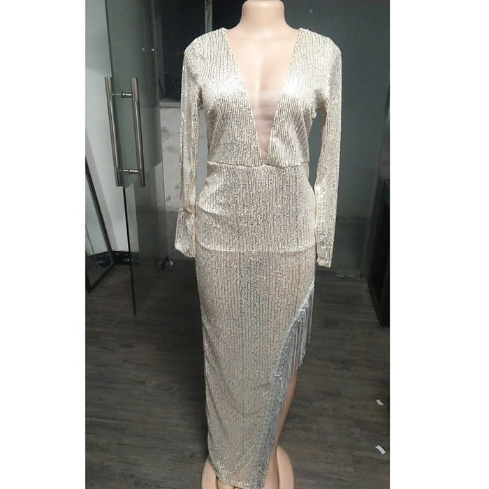 Deep V Long Sleeve Side Split Sexy Asymmetrical Dress