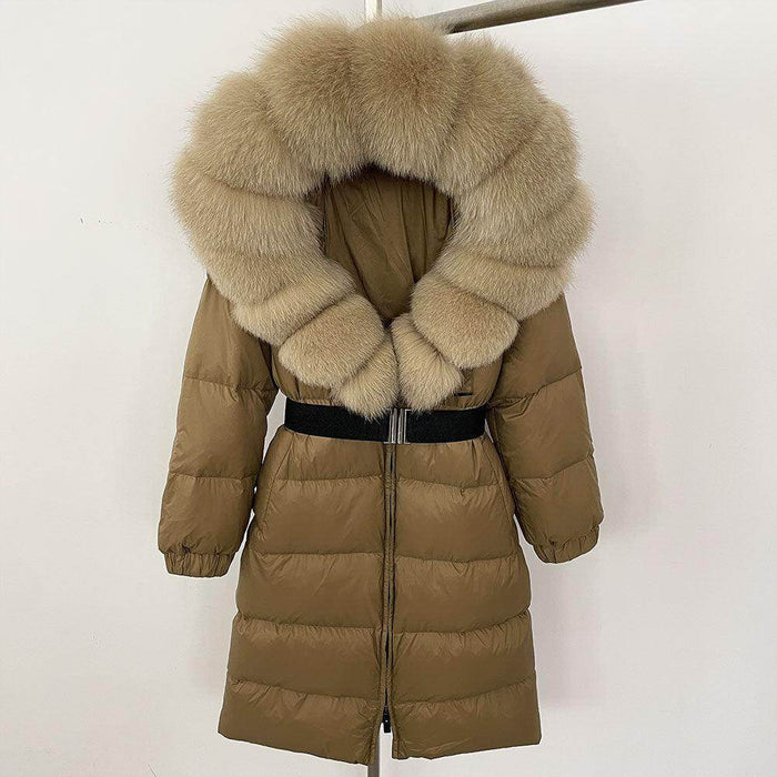 Women's Long Cinched Hoodie Real Fox Collar Fur Down Jacket Coat - Magellan Fashion Shop