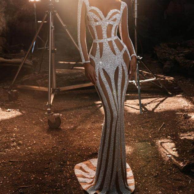 Women's Sprinkled Gold Banquet Dress Package Hip Fishtail Evening Dress - Magellan Fashion Shop