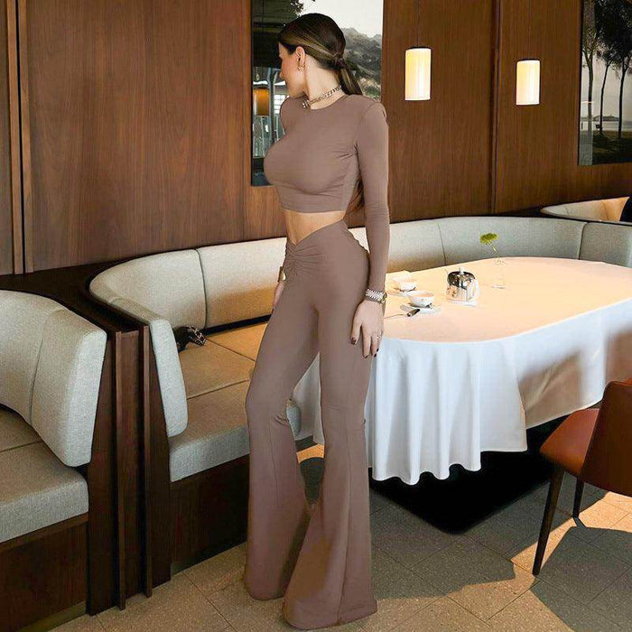 Padded Shoulder Long Sleeve Top High Waist Trousers Suit - Magellan Fashion Shop