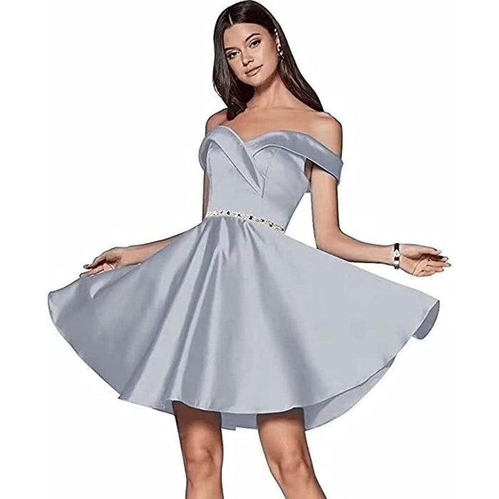 Short Beaded Satin A- Line Evening Gown Ball Gown - Magellan Fashion Shop