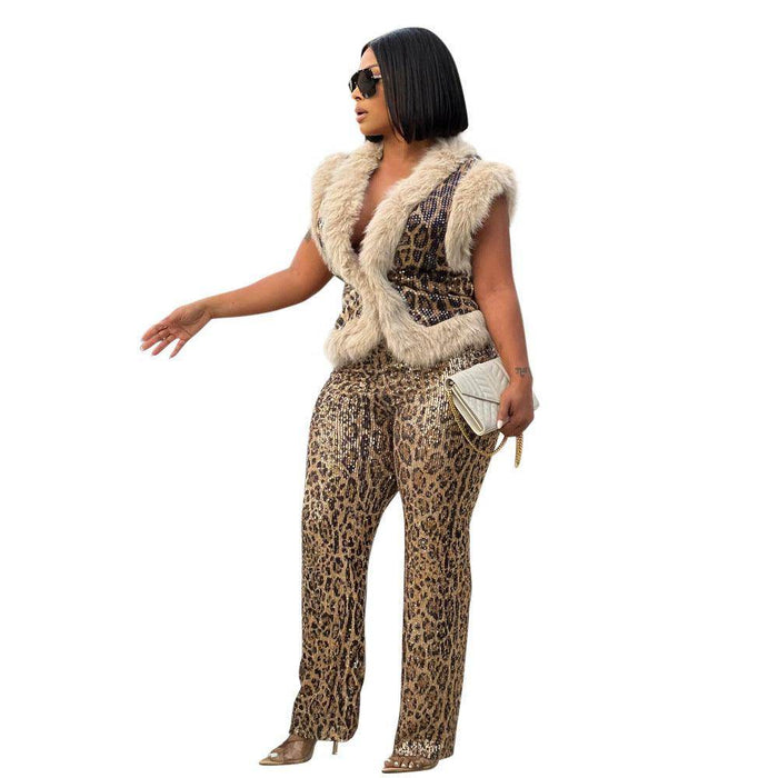 Women's Casual Leopard Print Sequined Two-piece Suit - Magellan Fashion Shop