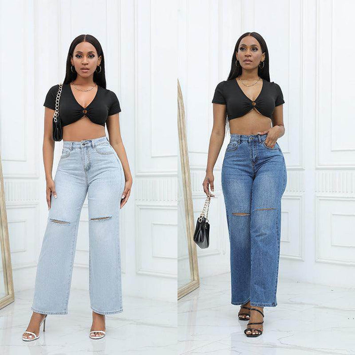 Elegant Ripped Wide-leg Jeans Women - Magellan Fashion Shop