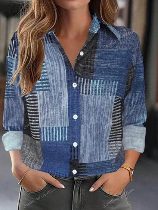 Color Block Button Print Long Sleeve Casual - Magellan Fashion Shop
