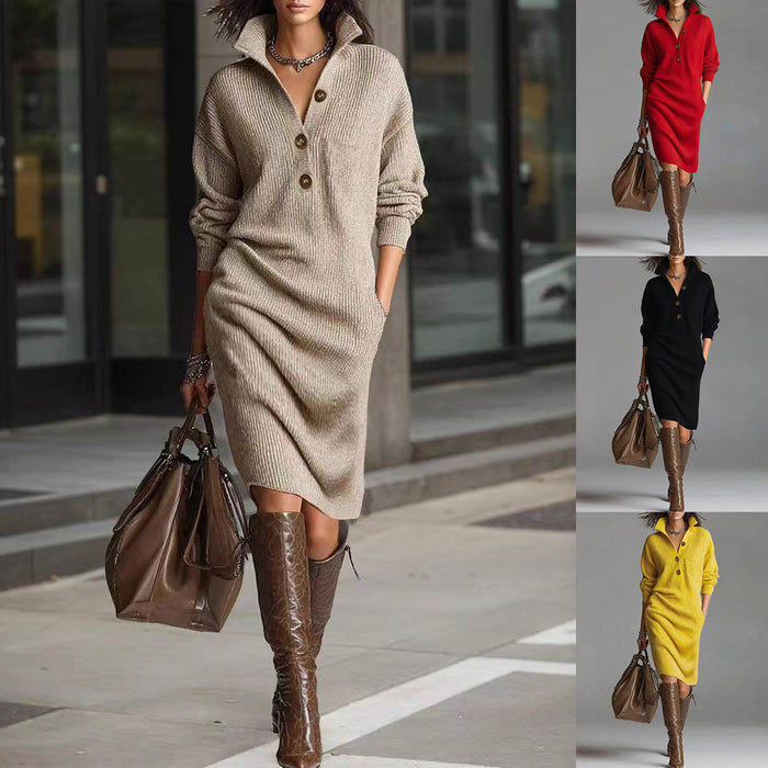 Long-sleeved Sweater Dress Fashion Warm Stand-up Collar V-