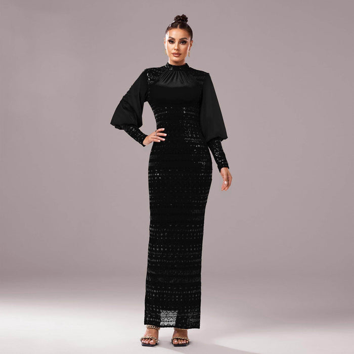 Long Sleeve Round Neck Sequins Slit Evening Dress - Magellan Fashion Shop