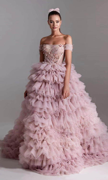 One-line Shoulder Wipe Chest Studded Beaded Cake Skirt Pink Wedding Dress - Magellan Fashion Shop