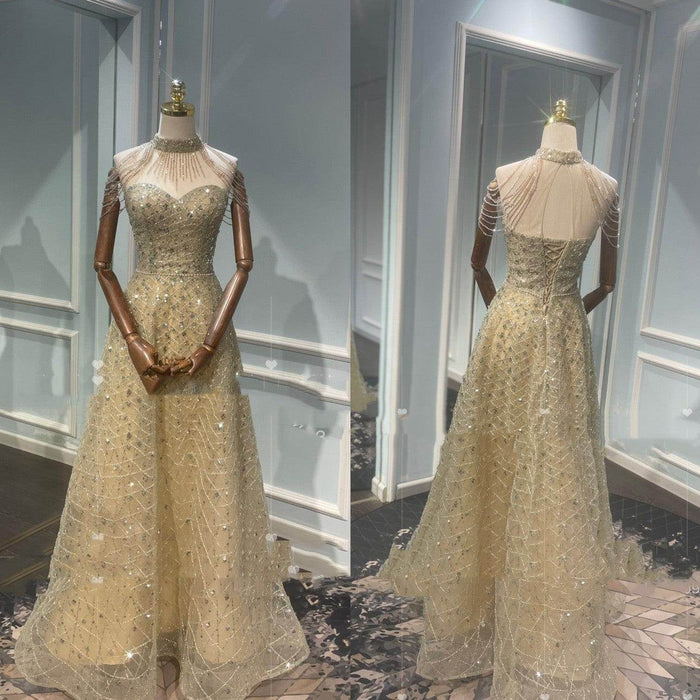 Golden Neck Hanging Light Luxury Evening Dress - Magellan Fashion Shop