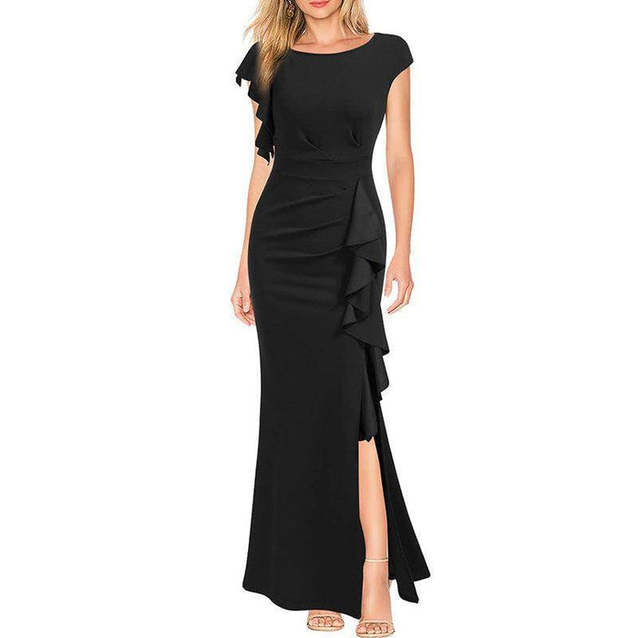 High Waist Slit Dress Elegant Fashion Round Neck Commuting Style Dress Evening Party Dress - Magellan Fashion Shop